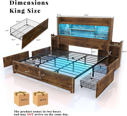 LUXOAK King Bed Frame with 49.6" Bookcase Headboard & 2 Bedside Stoage Racks & 4 Drawers, Farmhouse Wood Bed Frame with RGB LED & Charging Station, No Box Spring Needed, Rustic Brown