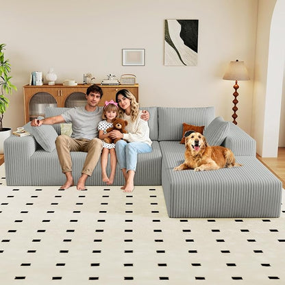 96" Modular Sectional Couch, Boneless L Shaped Cloud Sofa with Chaise Lounge, Corduroy Upholstered Couches Memory Foam Deep Seat, No Assembly Required, Ideal for Living Room(Light Gray, Right Facing)