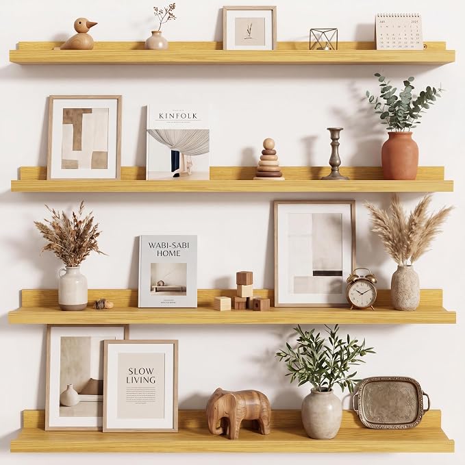 Axeman Picture Ledge Shelf | 36 Inch Oak Floating Shelves Set of 4 | Rustic Wood Wall Shelves with Lip | 36" Oak Picture Shelves for Wall with Ledge | Photo Shelves