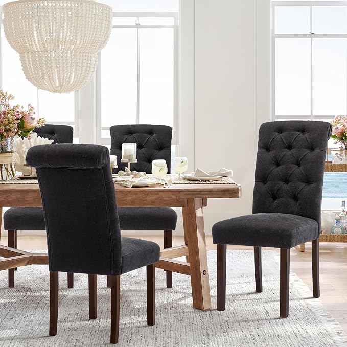 COLAMY Button Tufted Dining Chairs Set of 4, Parsons Upholstered Fabric Dining Room Chairs Kitchen Chairs with Wood Legs and Padded Seat, Black