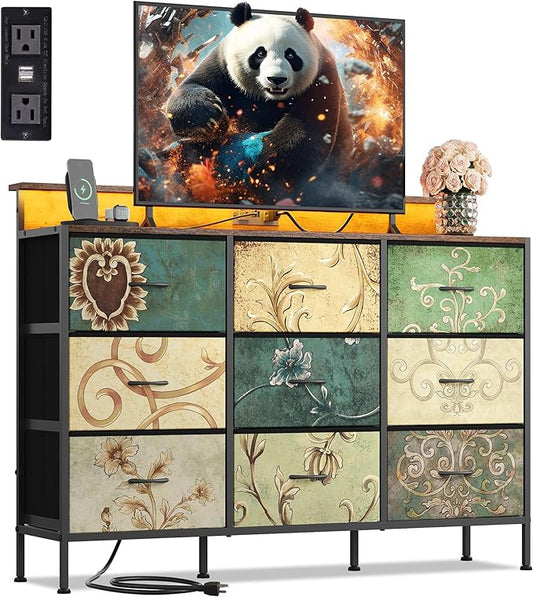 WLIVE Dresser TV Stand for 45, 50, 55 inch TV, Entertainment Center with LED Lights & Charging Station, Chest of Drawers with 9 Fabric Drawers and Open Shelves for Living Room, Hallway, Floral Painted