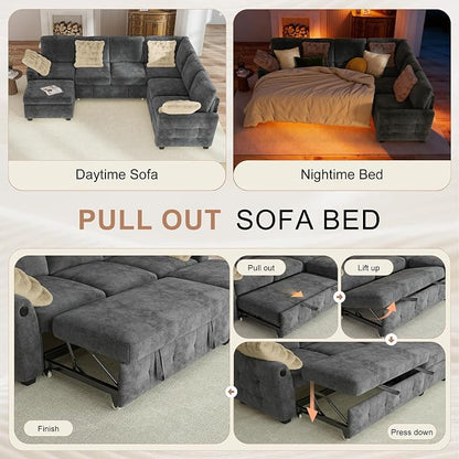 Hanherry Sectional Couch with Pull Out Sofa Bed,Chenille Sleeper Sofa with Storage Ottoman & USB Charging,Comfy L Shaped Modular Couches for Living Room,Apartment