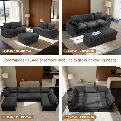 Upgrade Boneless Couch with Storage, Extra Deep&High Seat Modular Sectional Sofa 3 Seater L Shaped Cloud Couch with Ottoman, Tool-Free Assembly Sectional Couches for Living Room, Dark Grey