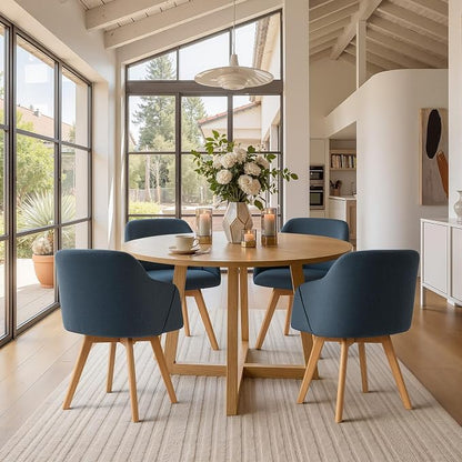 Swivel Dining Chairs Set of 4, Mid Century Modern Dining Chairs with Arms and Wood Legs, Linen Fabric Upholstered Kitchen Chairs for Dining Room Living Room, Comfortable Widen Seat, Blue