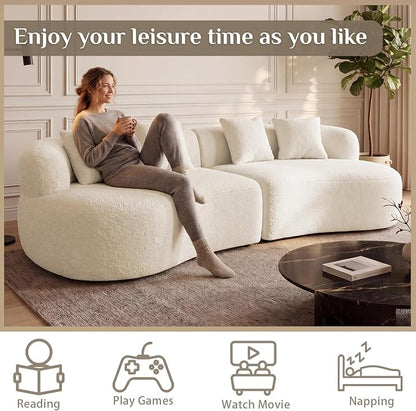 113" Curved Sectional Sofa Modern Cream Cloud Couch Modular Sectional Couches for Living Room Boneless Cloud Sofa Boucle Loveseat Comfy Chenille Deep Seat with 4 Pillows, Cream White