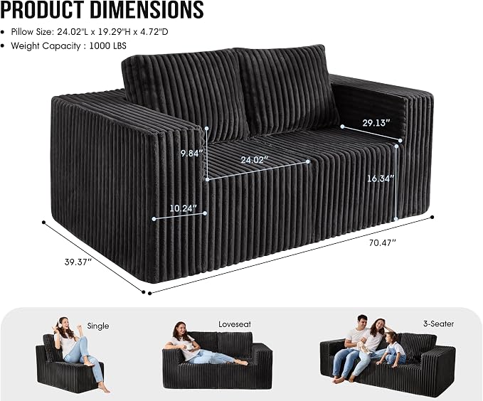 Modular Sectional Sofa 2 Seater Loveseat Modular Couch with Deep Seat Memory Foam Cloud Chair with Pillows Oversized Sectional Sofa for Living Room Bedroom (Strip Grey, Loveseat)