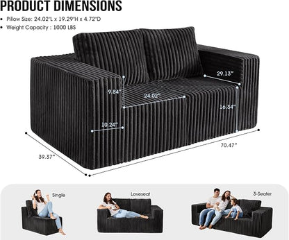 Modular Sectional Sofa 2 Seater Loveseat Modular Couch with Deep Seat Memory Foam Cloud Chair with Pillows Oversized Sectional Sofa for Living Room Bedroom (Strip Grey, Loveseat)