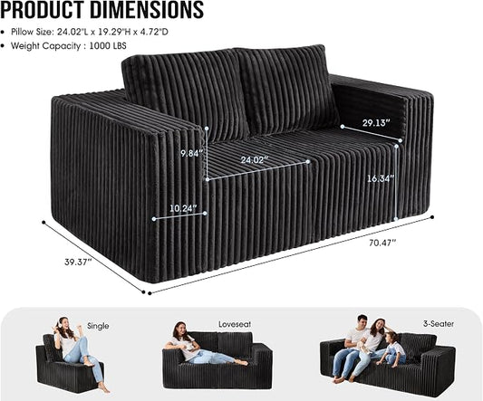 Modular Sectional Sofa 2 Seater Loveseat Modular Couch with Deep Seat Memory Foam Cloud Chair with Pillows Oversized Sectional Sofa for Living Room Bedroom (Strip Grey, Loveseat)