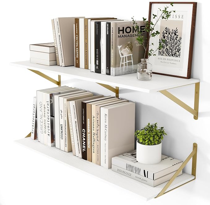 Heimlove Deep Floating Shelves for Wall, 36W x 12D Wood Wall Shelves Set of 2, Wide Floating Bookshelf for Living Room, Kitchen, Office, Bedroom and Decor Storage, with Golden Bracket - White & Gold
