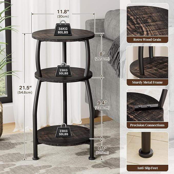Small Round Side Table, 3-Tier End Table with Storage Shelf, Slim Sofa Table Coffee Table, Sturdy & Easy Assemble Nightstand for Small Spaces, Living Room Bedroom Corner, Oak Dark