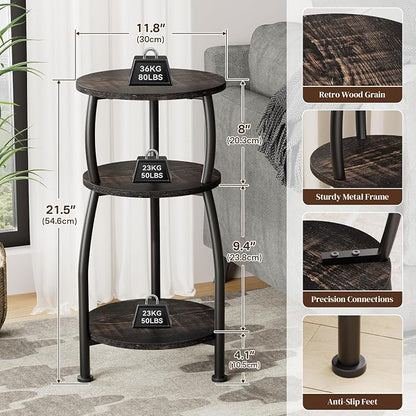 Small Round Side Table, 3-Tier End Table with Storage Shelf, Slim Sofa Table Coffee Table, Sturdy & Easy Assemble Nightstand for Small Spaces, Living Room Bedroom Corner, Oak Dark