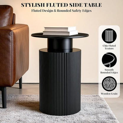 Fluted Side Table with Storage,24" Round Reversible Wood End Table | Mid Century Mdf Wood Bedside Nightstand,End Table for Small Spaces, Bedroom or Living Room