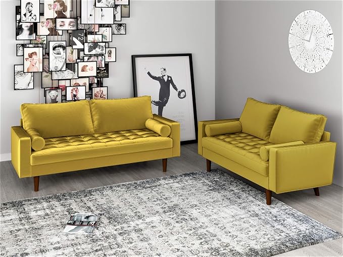Container Furniture Direct S5459 Mid Century Modern Velvet Upholstered Tufted Living Room Sofa, 69.68" Goldenrod
