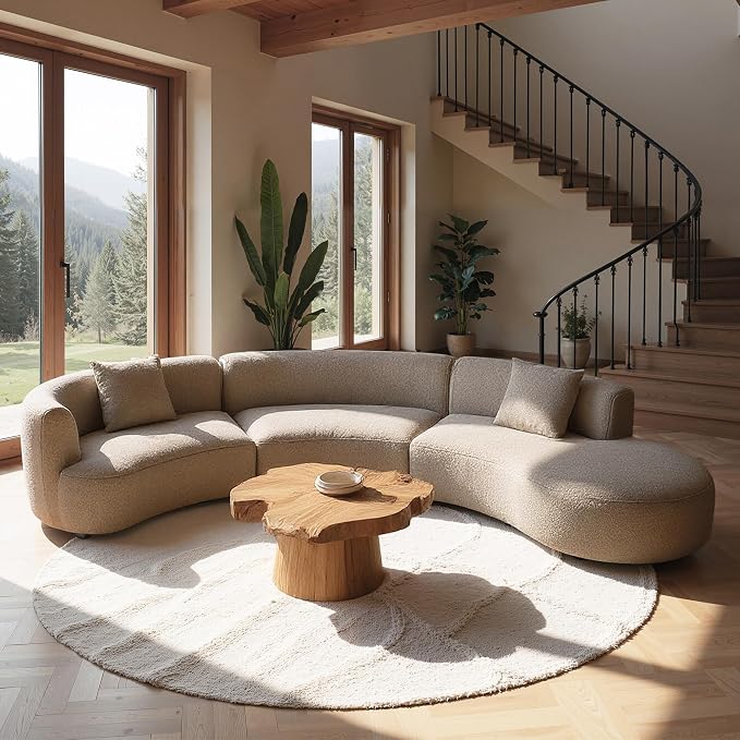 Acanva Formia Boucle Curved Sectional Sofa, 153" W Right Hand, Light Coffee | Modular Couch, Modern Minimalist, Wood Frame, For Living Room, Apartment, Home Office