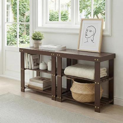 GAOMON Sturdy 3-Tier Bamboo Shoe Rack Bench – Modern Entryway Organizer with Seating & Storage Shelf, Supports 130kg, Multipurpose for Closet, Bedroom, Living Room – Brown