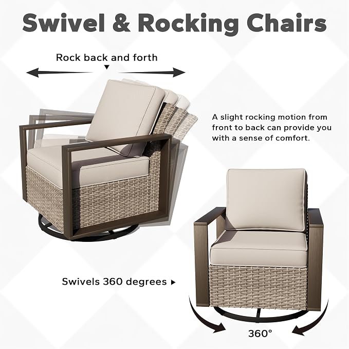 Joyside Outdoor Patio Swivel Rocker Chairs Set, 4 Pieces Wicker Rattan Chairs with Metal Wide Armrest, Thick Cushions and Deep Seating for Garden, Backyard, Porch, Deck