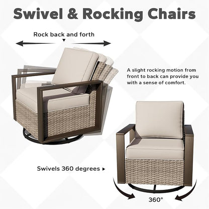 Joyside Outdoor Patio Swivel Rocker Chairs Set, 4 Pieces Wicker Rattan Chairs with Metal Wide Armrest, Thick Cushions and Deep Seating for Garden, Backyard, Porch, Deck