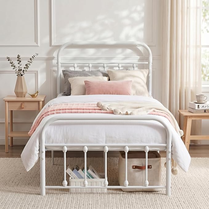 VECELO Twin Size Sturdy Metal Platform Bed Frame Classic Victorian Style Bed Frame with Headboard and Footboard Under Bed Storage No Box Spring Needed White