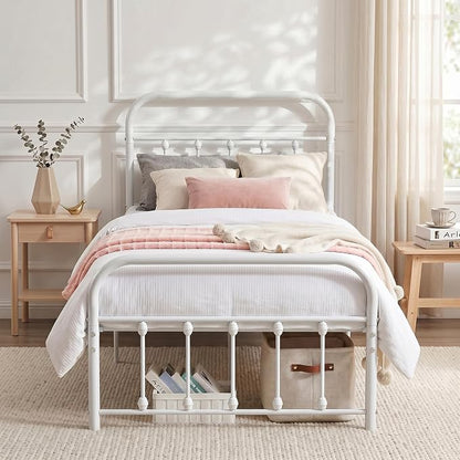 VECELO Twin Size Sturdy Metal Platform Bed Frame Classic Victorian Style Bed Frame with Headboard and Footboard Under Bed Storage No Box Spring Needed White