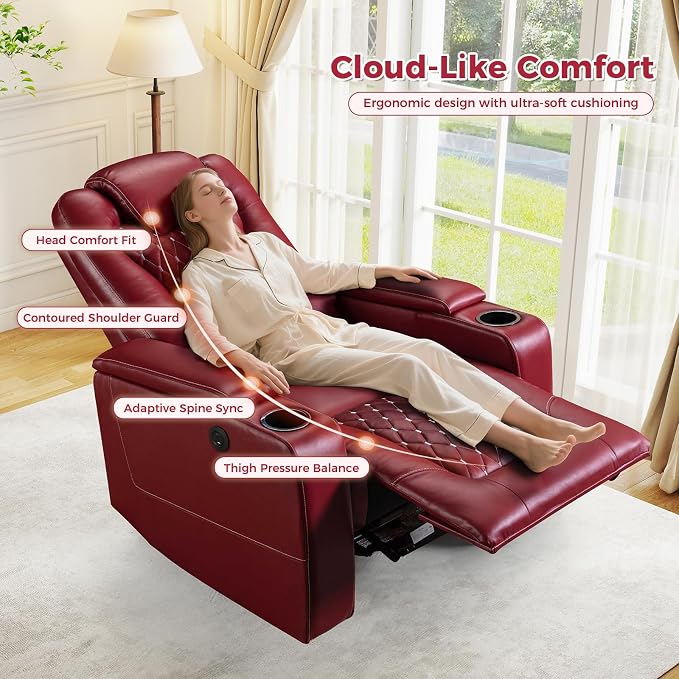 ANJ Power Recliner Chair with USB Ports and Cup Holders - Overstuffed Electric Home Theater Seating PU Leather Reclining Furniture with Hidden Arm Storage, Easy to Clean (Red)