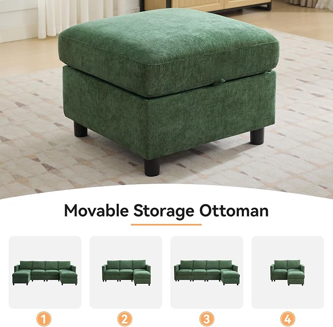 WUTUTUEE 107”Modular Sectional Sofa Convertible U Shaped Sofa Couch Set with Storage for Living Room, Modern 6 Seater Modular Sectional Couch with Movable Ottoman, Chenille Dark Green