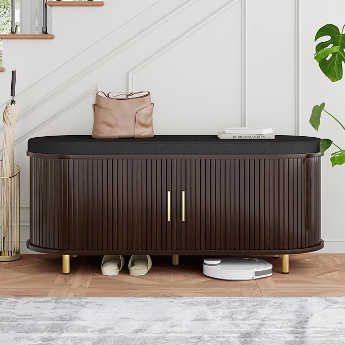 DHH 2-Tier Storage Bench,Wide Shoe Bench with Thickened Padded Seat Cushion, Mid Century Modern Fluted Sliding Door and Adjustable Shelf, for Entryway, Living Room, Bedroom (Dark Walnut, 43.3“)