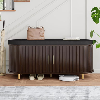 DHH 2-Tier Storage Bench,Wide Shoe Bench with Thickened Padded Seat Cushion, Mid Century Modern Fluted Sliding Door and Adjustable Shelf, for Entryway, Living Room, Bedroom (Dark Walnut, 43.3“)