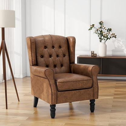 High Back Accent Chair, PU Leather Upholstered Armchair Wingback Chair for Living Room, Comfy Single Sofa Bedroom Reading Seat with Solid Wood Legs, Brown