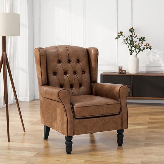 High Back Accent Chair, PU Leather Upholstered Armchair Wingback Chair for Living Room, Comfy Single Sofa Bedroom Reading Seat with Solid Wood Legs, Brown