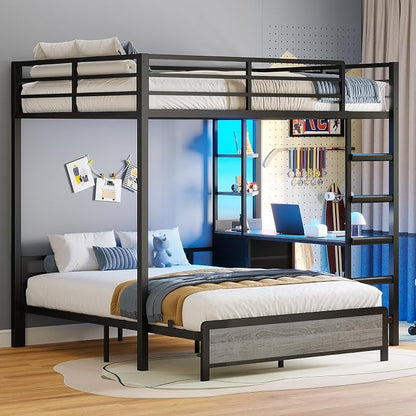 ADORNEVE Bunk Bed with Desk, Full Over Full Bunk Beds with Charging Station & Led Lights, 4 Storage Drawers & 2 Open Storage Shelves, Metal Loft Bed with Safety Guardrail & Ladder for Kids/Teen, Grey