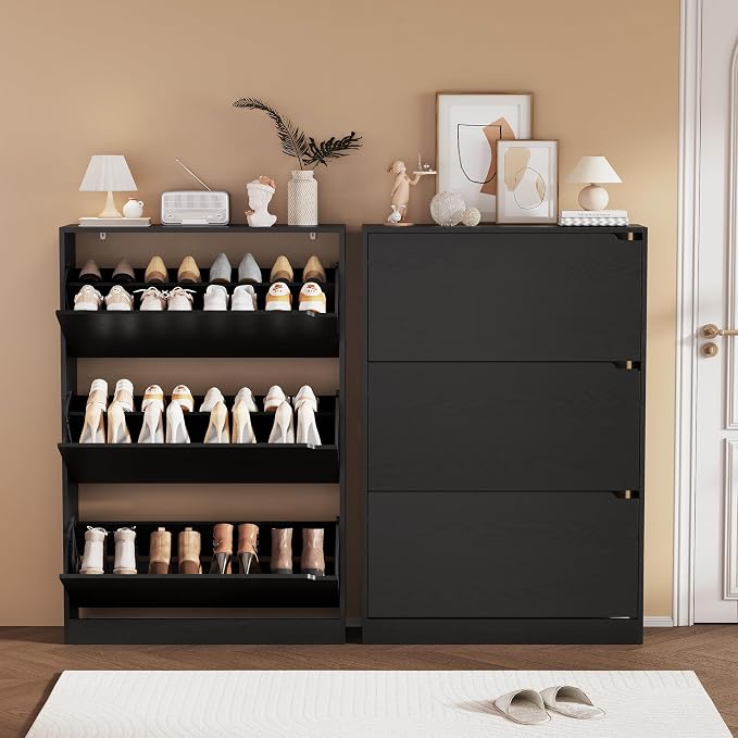 Shoe Storage Cabinet, Wood Shoe Organizer for Entryway with 3 Flip Drawers, Freestanding Shoe Rack with Adjustable Shelf, Narrow Shoe Dresser for Front Door Entrance (Black, 3 Drawers)