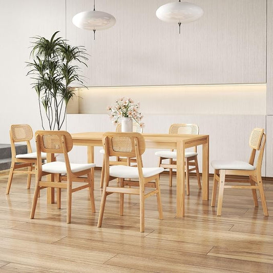 ROCITY Rattan Dining Chairs Set of 6 White Faux Leather Dining Room Chairs Natural Wooden Kitchen Chairs Farmhouse Side Chairs