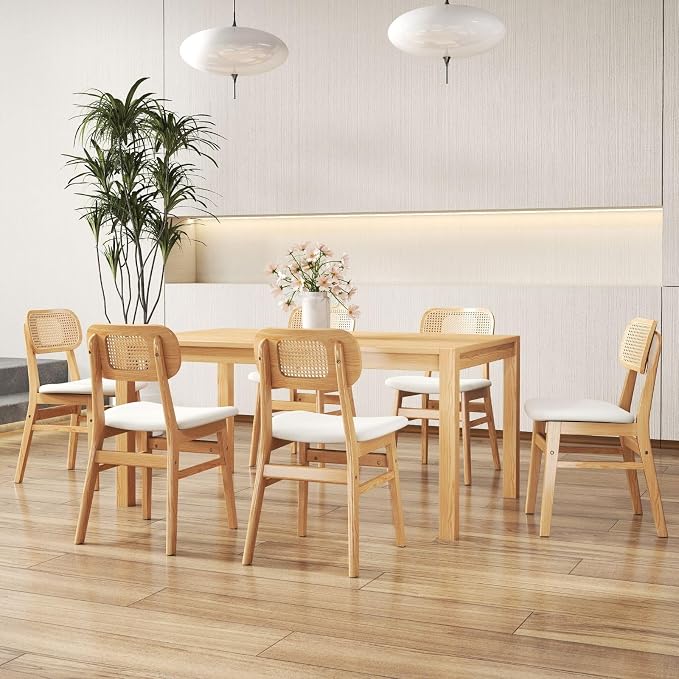 ROCITY Rattan Dining Chairs Set of 6 White Lambswool Dining Room Chairs Natural Wooden Kitchen Chairs Farmhouse