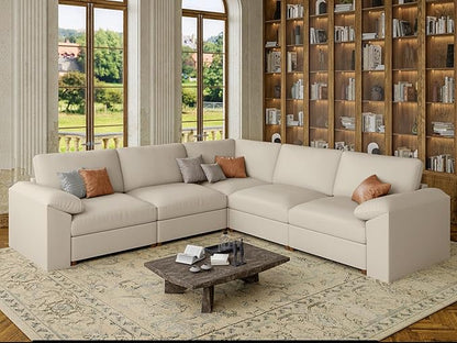 EASE MOOSE Oversized Modular Sectional Couch, Faux Leather Sectional Sofa with Deep Seat, Scratch Resistant Leather Couch Material, Extra Large L Shaped Couch, Beige