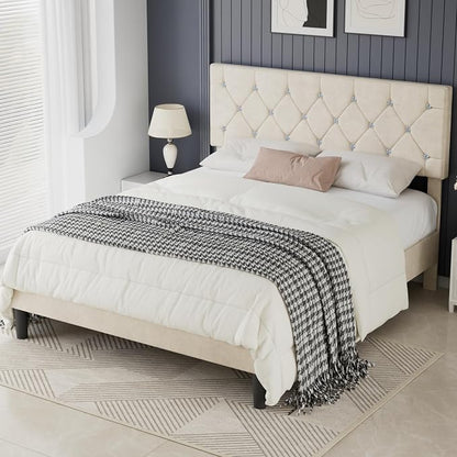 VECELO Queen Size Bed Frame with Diamond Tufted Headboard, Upholstered Platform Bedframe with Wood Slat Support, No Box Spring Needed, Pala Beige