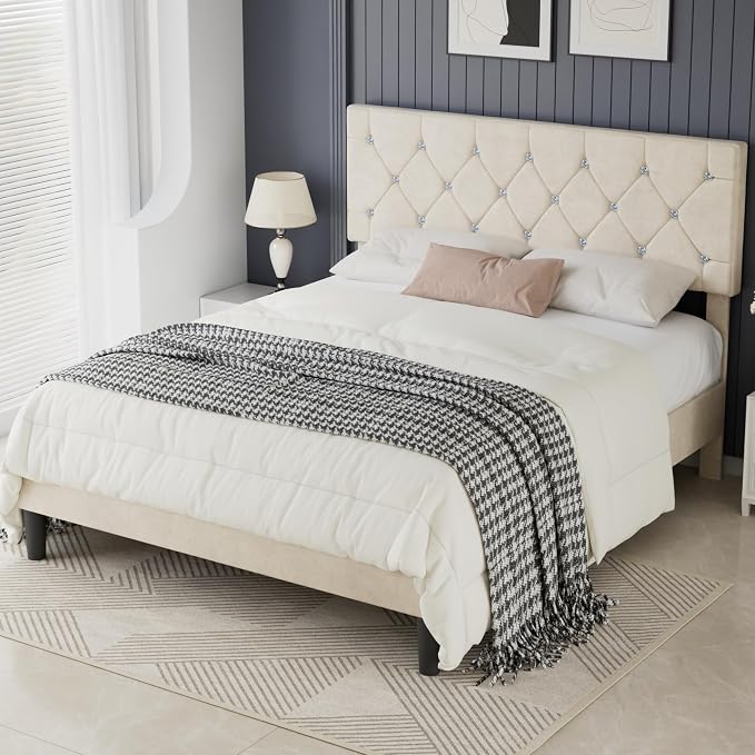 VECELO Full Size Bed Frame with Diamond Tufted Headboard, Upholstered Platform Bedframe with Wood Slat Support, No Box Spring Needed, Pala Beige