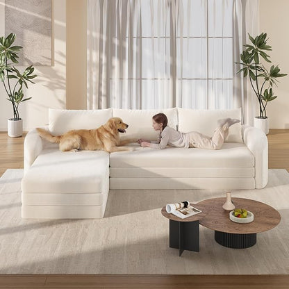 Vesgantti 6 in 1 Convertible Folding Sleeper Sofa Bed, 110.2" Modular Sectional Sofa with Curved Armrest, Chenille Boneless Couch for Living Room, No Assembly Required, Beige, Left Facing Chaise
