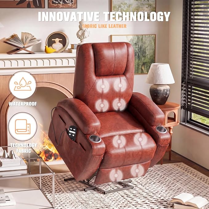 Flamaker Power Lift Recliner Chair Electric Lift Recliner for Elderly Power Lift Recliner Chair with Cup Holders Side Pockets for Living Room (Leathaire, Dark Brown)