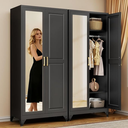 71" Black Metal Wardrobe Closet with Full-Length Mirror, 18" Deep Steel Armoire Clothes Storage Cabinet with Sturdy Hanging Rod & Adjustable Shelves for Bedroom Home Office