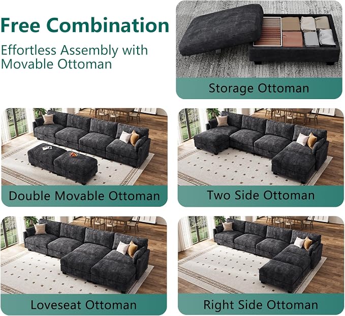 Modular Sectional U Shaped Sofa Couches for Living Room, Cloud Couch with Storage Ottoman, Comfy Chenille Sofa with Pillow, Black