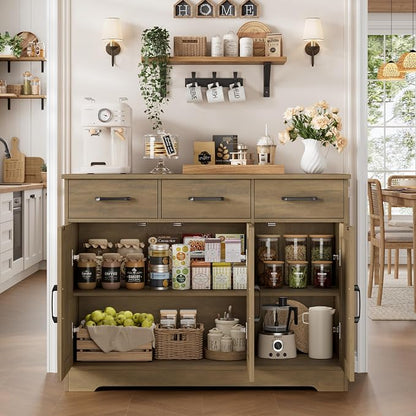 HOSTACK Modern Farmhouse Buffet Sideboard Cabinet, Barn Doors Storage Cabinet with Drawers and Shelves, Wood Coffee Bar Station for Dining Room, Kitchen, Living Room, Rustic Brown