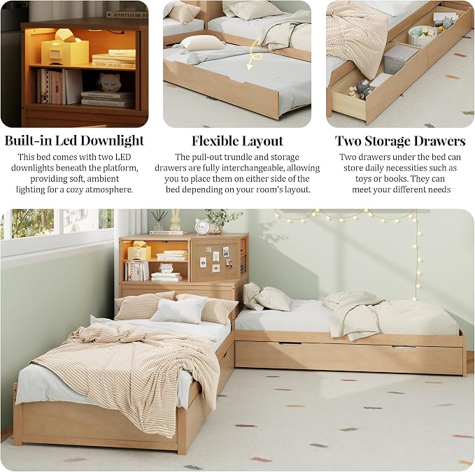 Merax L-Shaped Combination Twin Corner Platform Bed Frame with Trundle,Drawer,Built-in Desk and Led Downlight,3-in-1 Design for Bedroom
