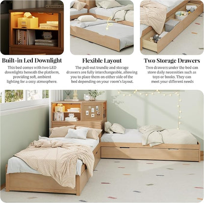 Merax L-Shaped Combination Twin Corner Platform Bed Frame with Trundle,Drawer,Built-in Desk and Led Downlight,3-in-1 Design for Bedroom