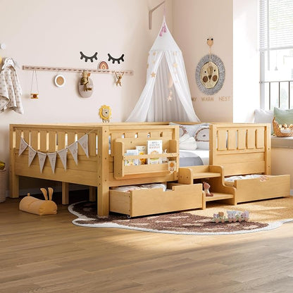 Bellemave Full Floor Bed with Stairs, Rails and Slats, Full Size Montessori Floor Bed with Bookshelf and 2 Storage Drawers, Easy Assemble Montessori Beds Frame for Girls, Boys, Light Natural