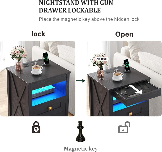 TAGELIER Farmhous Nightstand with Gun Drawer,Bedside Table with Charging Station, Gun Night Stand with LED Light & Human Sensor,Smart End Table for Bedroom, Black