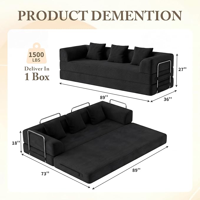 Living&Giving 89" Cloud Boneless Convertible Sofa Bed, 5-in-1 Foldable Compressed High-Density Sponge Sofa, Corduroy Fabric 3 Seater Sleeper Couch Futon Daybed for Living Room Bedroom (Black)