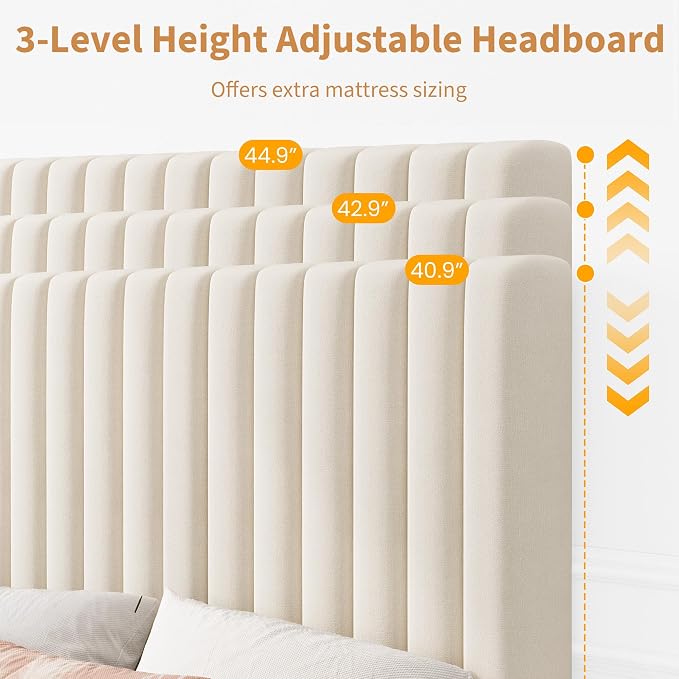 IDEALHOUSE Twin Bed Frame with Adjustable Headboard, Velvet Upholstered Platform Twin Size Bed Frame, Vertical Channel Tufted, Strong Wooden Slats, No Box Spring Needed, Easy Assembly, Beige
