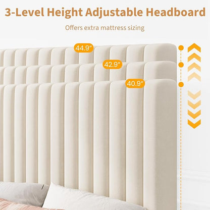 IDEALHOUSE Twin Bed Frame with Adjustable Headboard, Velvet Upholstered Platform Twin Size Bed Frame, Vertical Channel Tufted, Strong Wooden Slats, No Box Spring Needed, Easy Assembly, Beige