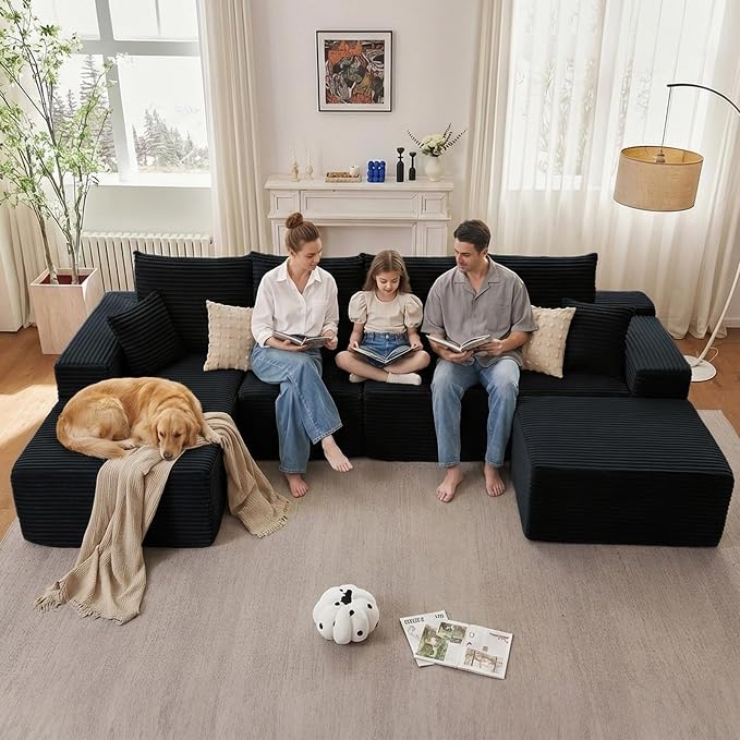 135" Modular Sectional Sofa with U Shaped Chaise, Upholstered Couches for Living Room with Deep Seat, No Assembly Required, Corduroy Cloud Couches, Black (Left-Facing Chaise