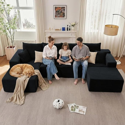 135" Modular Sectional Sofa with U Shaped Chaise, Upholstered Couches for Living Room with Deep Seat, No Assembly Required, Corduroy Cloud Couches, Black (Left-Facing Chaise